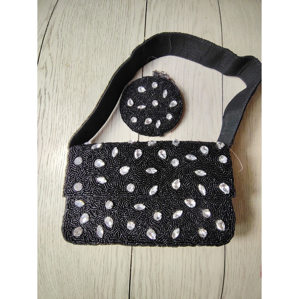 Nwt Black Beaded Shoulder Bag with Rhinestones‎ and Matching Coin Purse